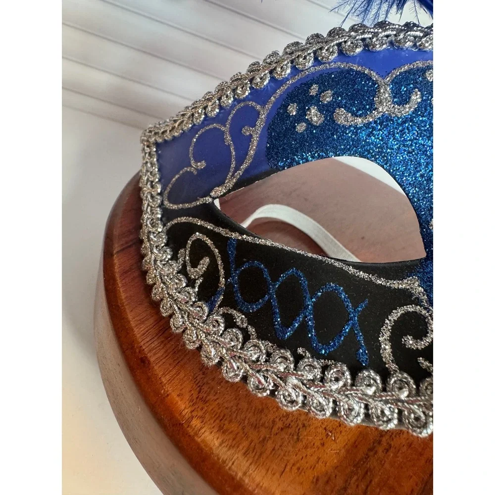 Blue Silver Mardi Gras Masquerade Mask Feather Venetian Style Costume Mask